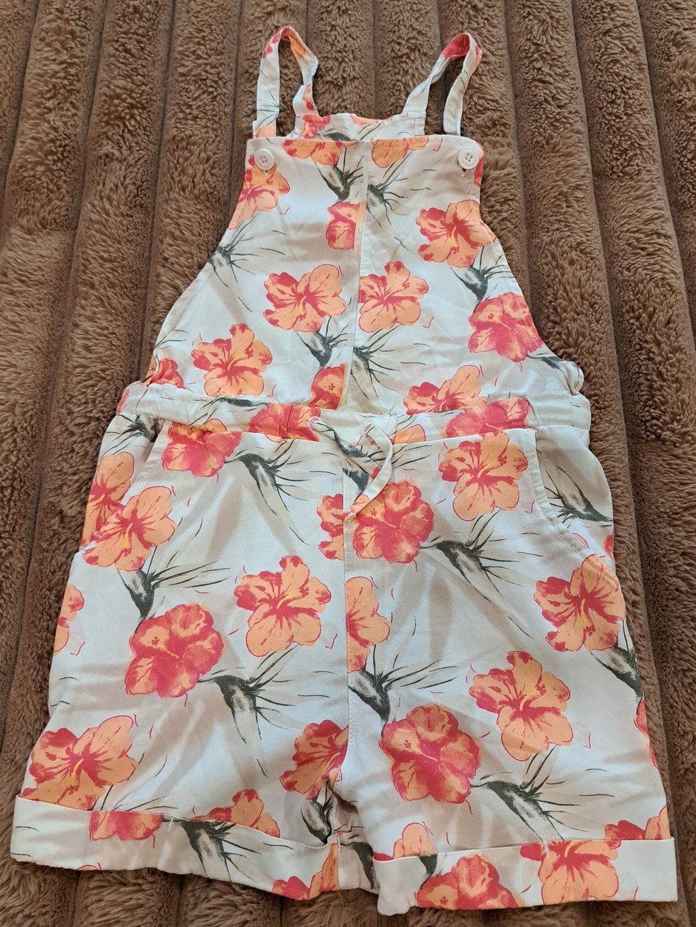 Hurley Girls Tropical Floral Overall Romper Shorts White Peach Medium 10-12